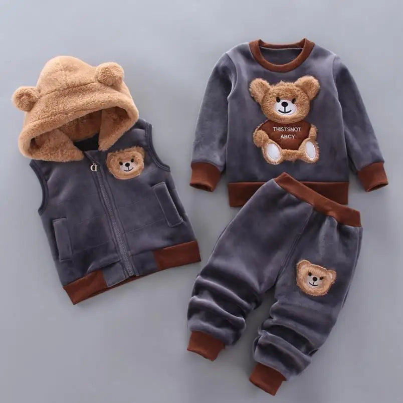 Baby Boys Sets Autumn Winter Thick Fleece Cartoon Bear Hooded Vest Coat Pants 3Pcs for Kids Casual Outfits Girls Warm Suit 0-5Y