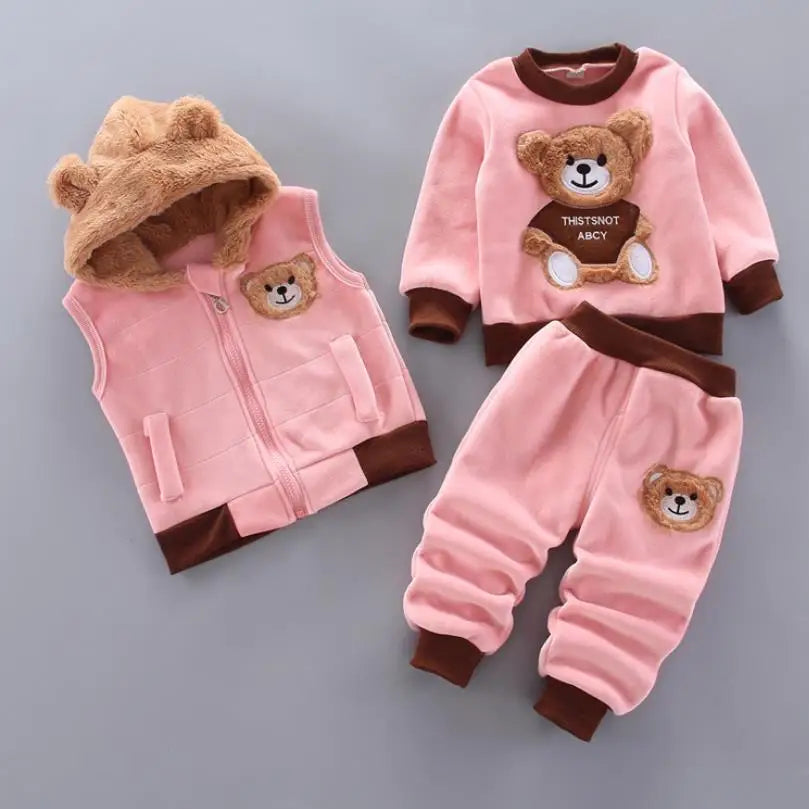 Baby Boys Sets Autumn Winter Thick Fleece Cartoon Bear Hooded Vest Coat Pants 3Pcs for Kids Casual Outfits Girls Warm Suit 0-5Y