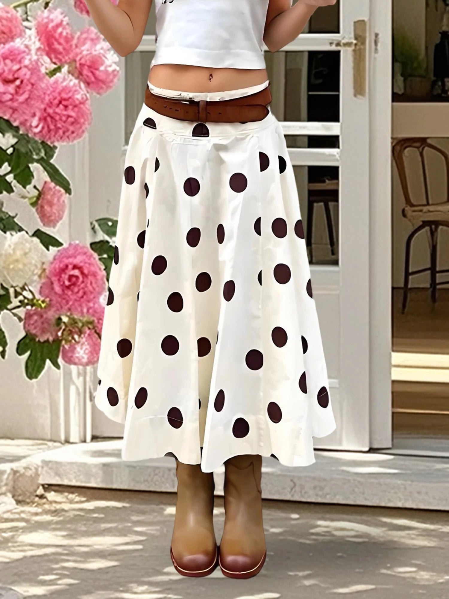 Women White A-Line Skirt Dots Print High Waist Midi Skirt Elegant Swing Skirts for Daily Leisure and Work