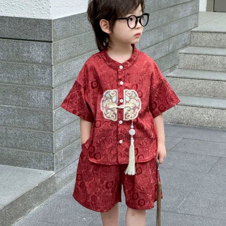 Summer Short Sleeve 2 Piece Set Boys Costume Kids Clothes Casual Boy Outfit Tang Style Hanfu Suit Baby Fashion Children's Sets