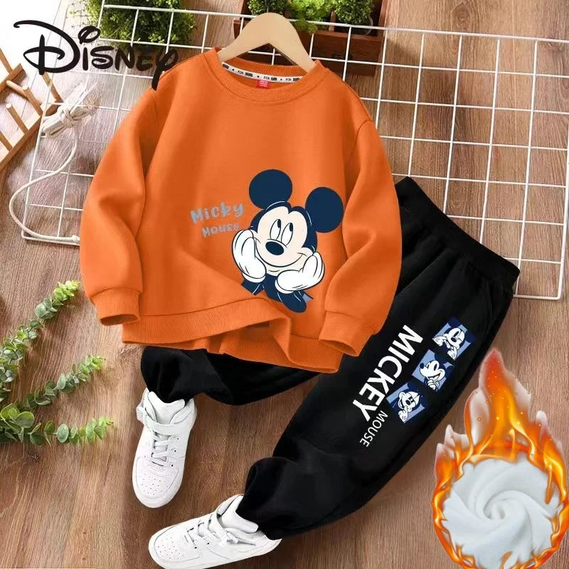Winter Baby Girl Clothes Set Kid Boy Disney Mickey Sweatshirts Pullover & Pants 2pcs Suit Children Long Sleeve Plush Warm Suit