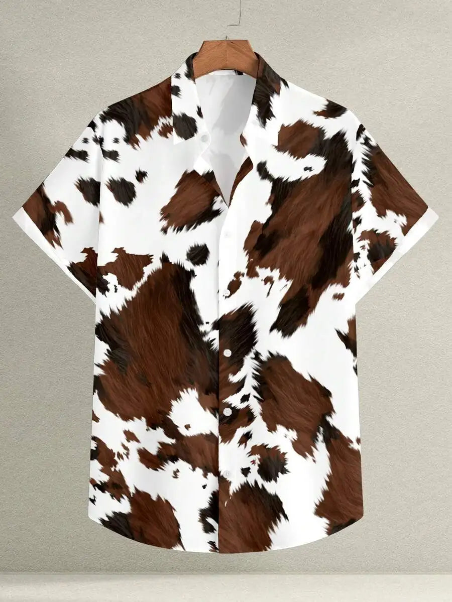 Men's Casual Western-Style Cow Print Button-Front Short Sleeve Shirt for Summer