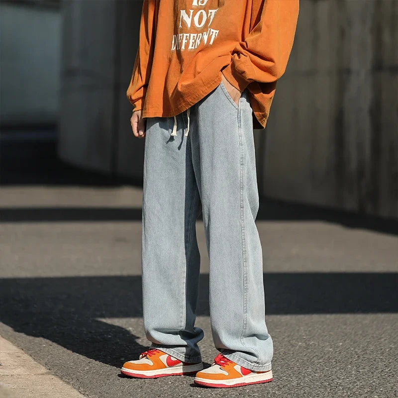 Oversized 5XL Men's Wide-leg Jeans Autumn New Casual Simple Straight Denim Trousers Black Gray Fashion Baggy Streetwear Pants