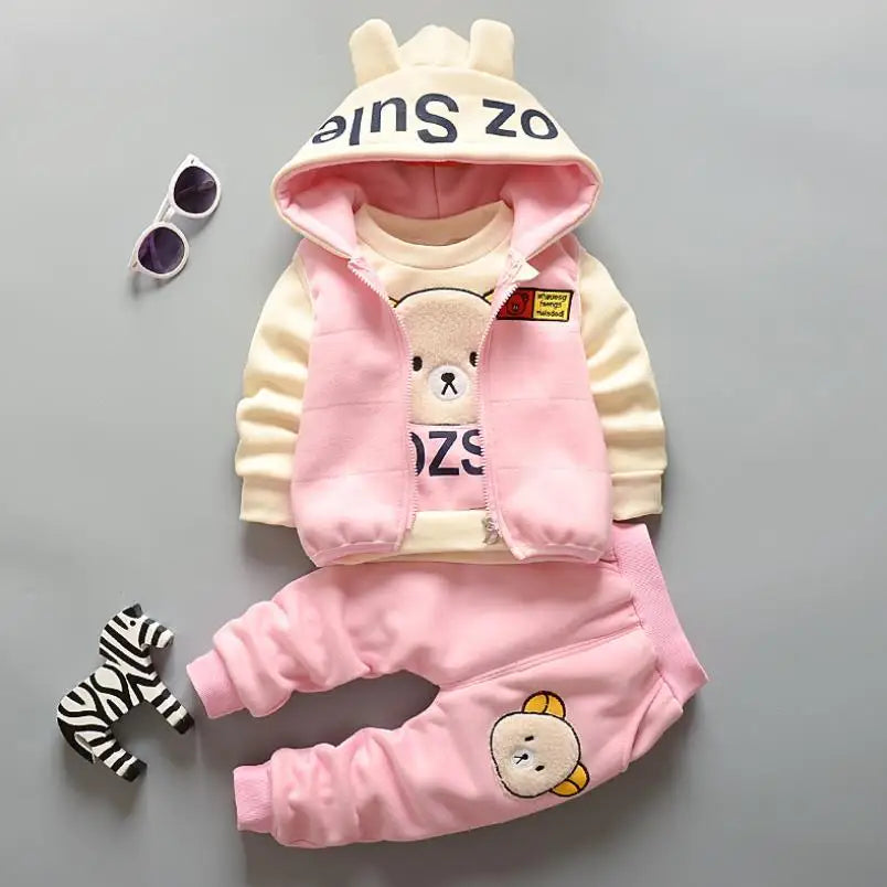 Baby Boys Sets Autumn Winter Thick Fleece Cartoon Bear Hooded Vest Coat Pants 3Pcs for Kids Casual Outfits Girls Warm Suit 0-5Y