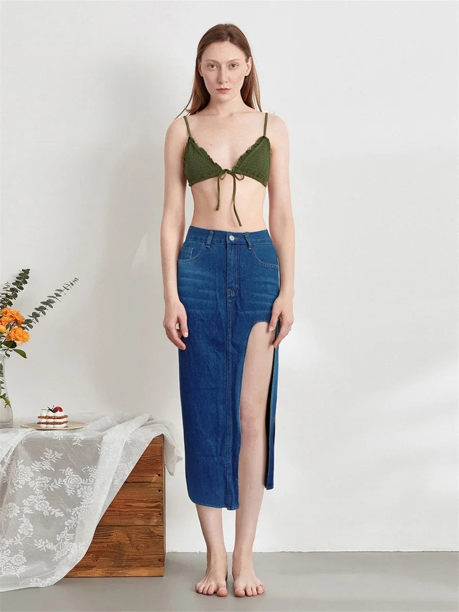 Women s Distressed Denim Skirt with Frayed Hem High Waist Pencil Long Jean Skirt Casual Streetwear for Summer and Spring