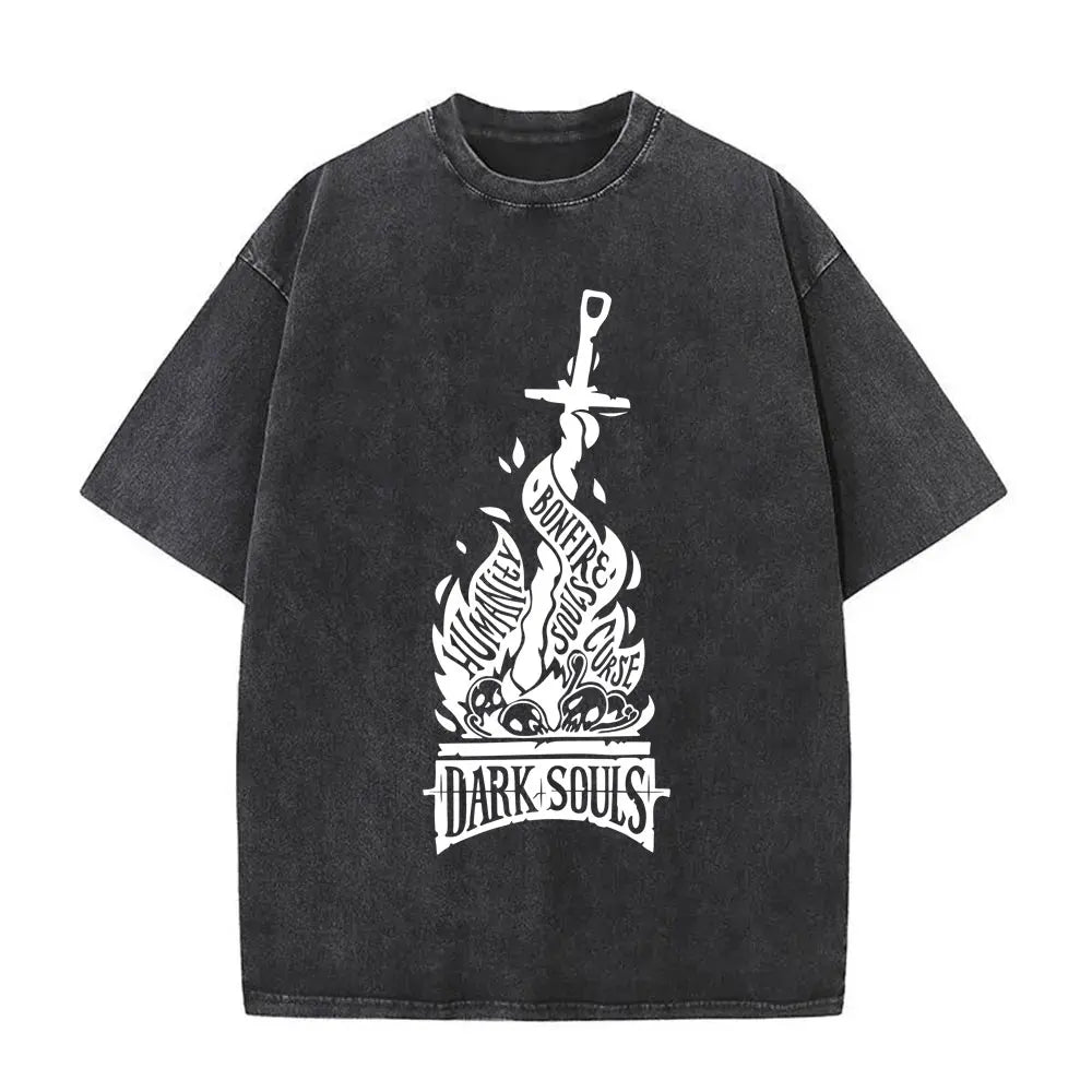 Short Sleeved Round Neck Y2k Tshirt Men New in Top & Tees Mens T-Shirt Washed Vintage Game Dark Souls Artorias The Abysswalker