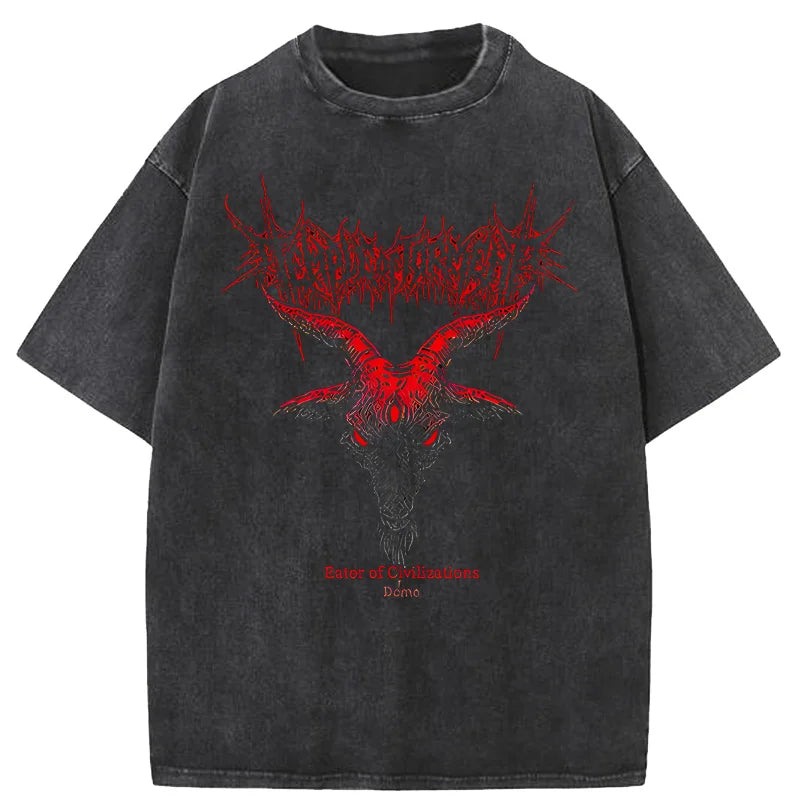 Dark y2k Sheep Head Thorns Washed Short Sleeved Round Neck Y2k Tshirt Men Clothing New in Top & Tees Mens T-Shirt Camisetas