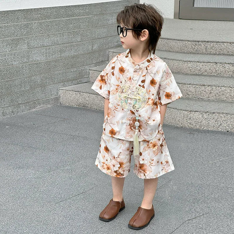 Summer Short Sleeve 2 Piece Set Boys Costume Kids Clothes Casual Boy Outfit Tang Style Hanfu Suit Baby Fashion Children's Sets