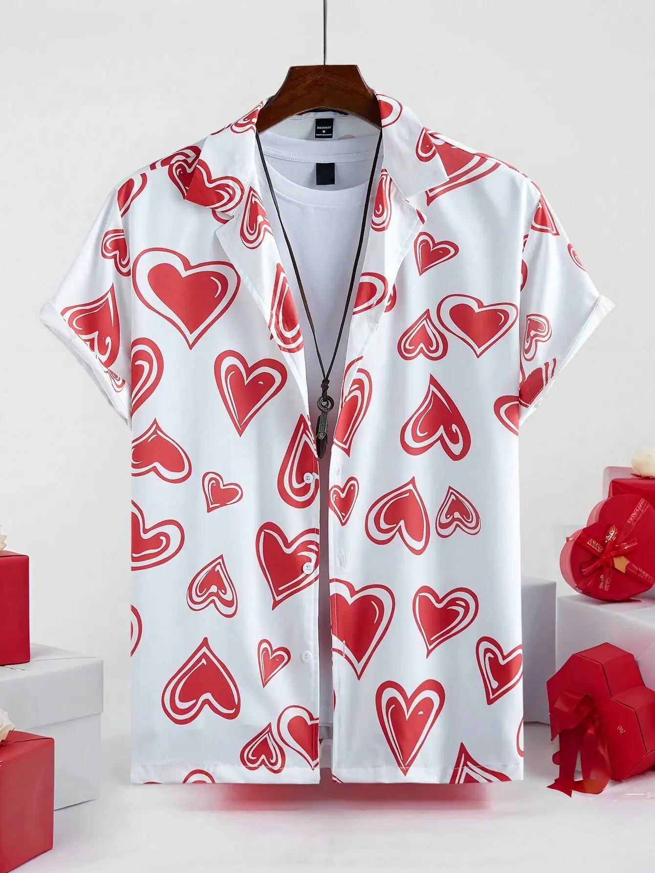 Men's White Short Sleeve Button-Up Shirt with Red Heart Print, Casual Style for Valentine's Day or Gift
