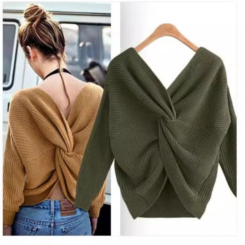 Women Autumn Winter V-neck Sweater Sexy Backless Reversible Pullovers Tops New Fashion Solid Irregular Cross-knotting Knitwear