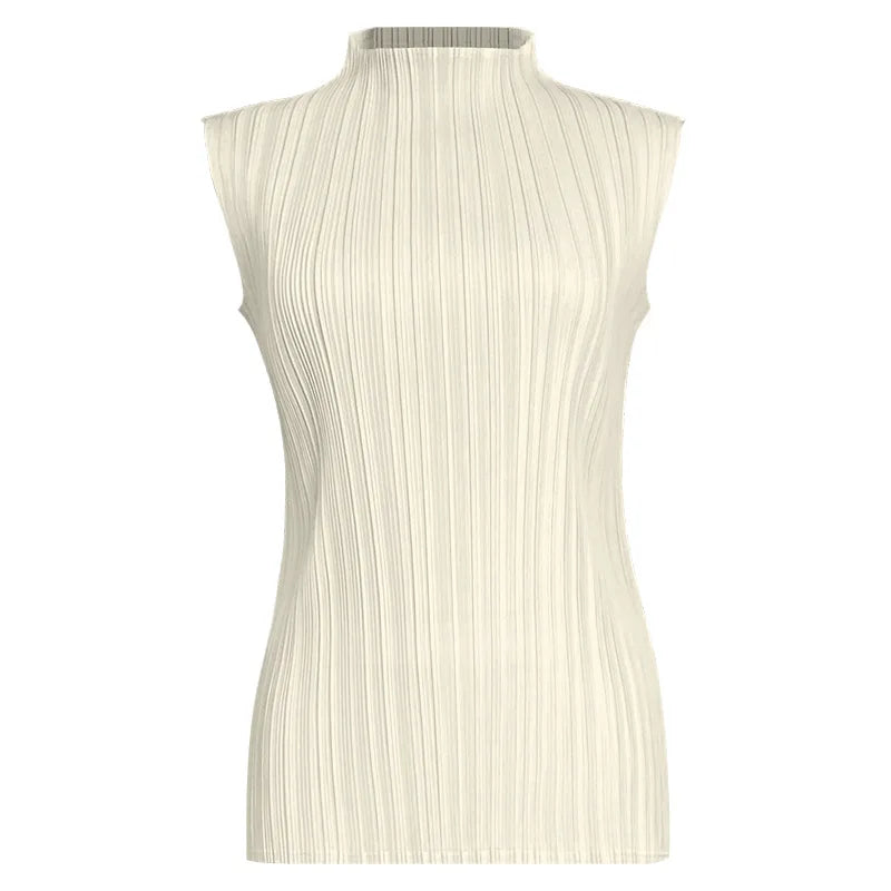 Miyake Pleated Elegant Fashion Temperament Solid Color Half High Neck Sleeveless Women's Vest 2025 Summer New Breathable Top