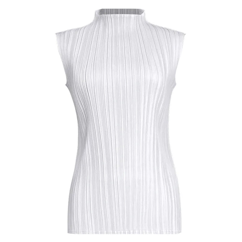 Miyake Pleated Elegant Fashion Temperament Solid Color Half High Neck Sleeveless Women's Vest 2025 Summer New Breathable Top