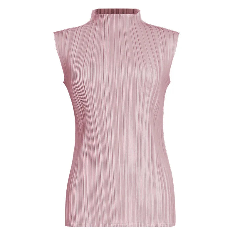 Miyake Pleated Elegant Fashion Temperament Solid Color Half High Neck Sleeveless Women's Vest 2025 Summer New Breathable Top