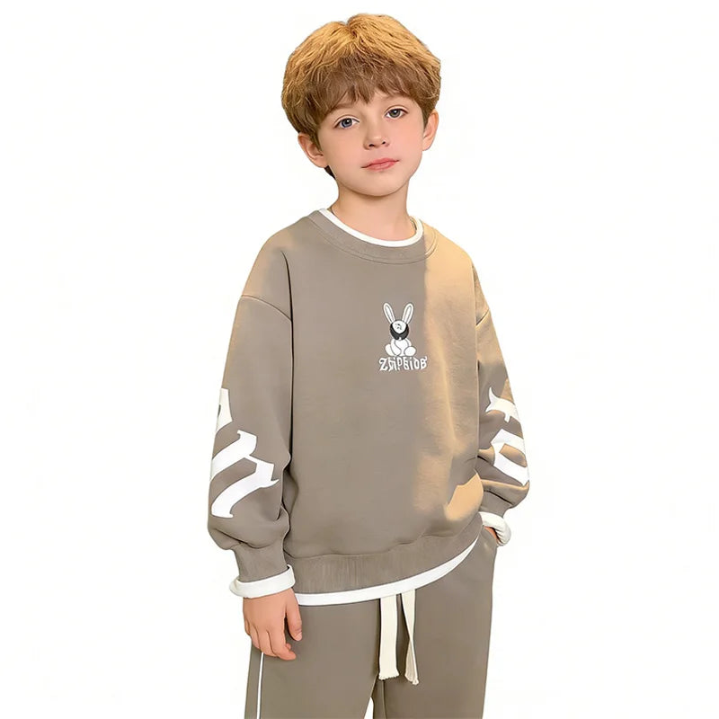 Kids 2 Piece Tracksuit 120-170cm Fake Two Piece Rabbit Print Sweatshirt + Elastic Jogger Pants Casual Loose Sportswear Set Boys
