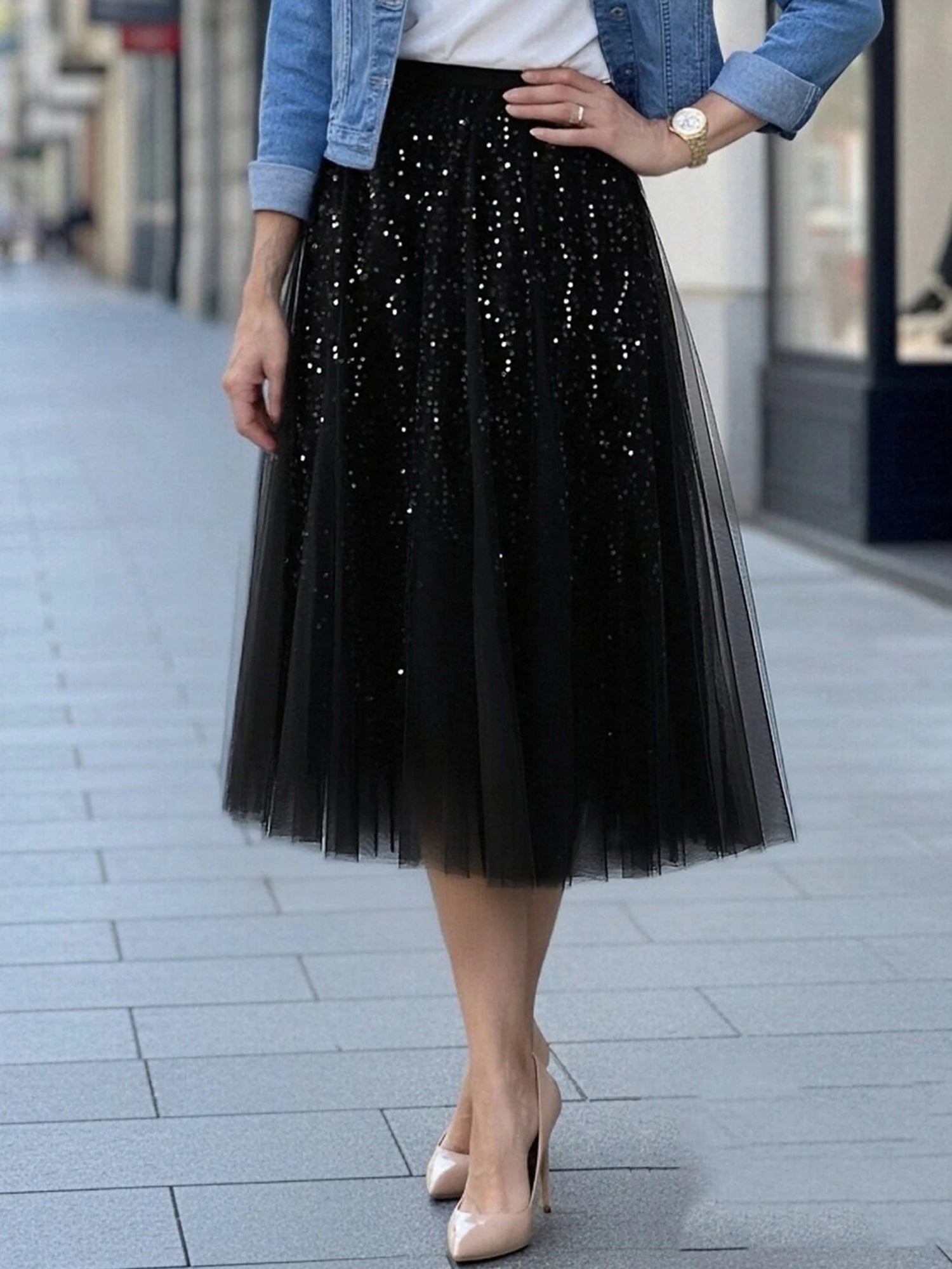 Elegant Sequin Embellished Knee-Length Mesh Skirt with Stretchy Waistband Perfect for Work Events and Nights Out