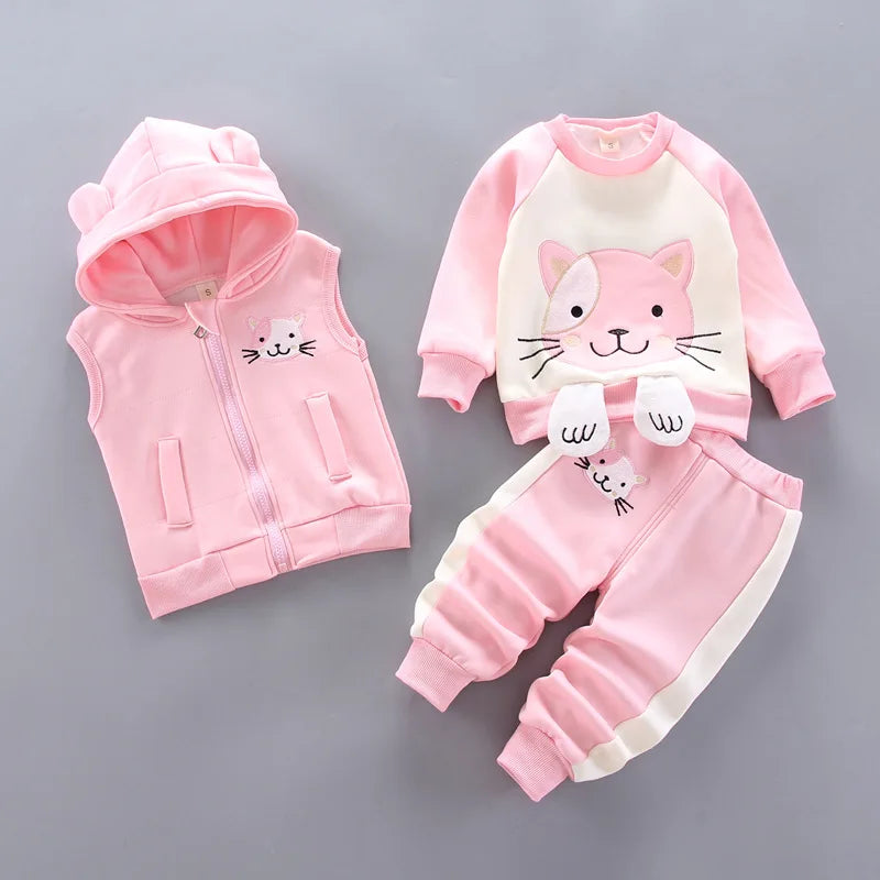 Baby Boys Sets Autumn Winter Thick Fleece Cartoon Bear Hooded Vest Coat Pants 3Pcs for Kids Casual Outfits Girls Warm Suit 0-5Y