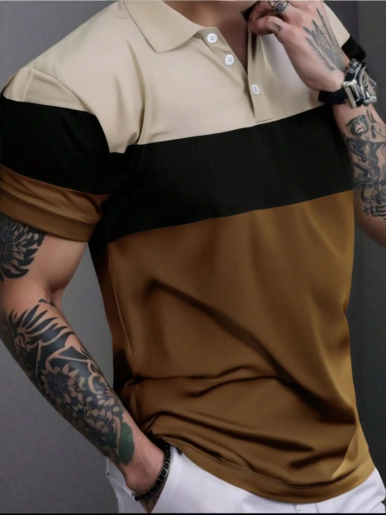 Men's Color-Block Short Sleeve Polo Shirt - Beige, Black & Brown, Casual Summer Wear