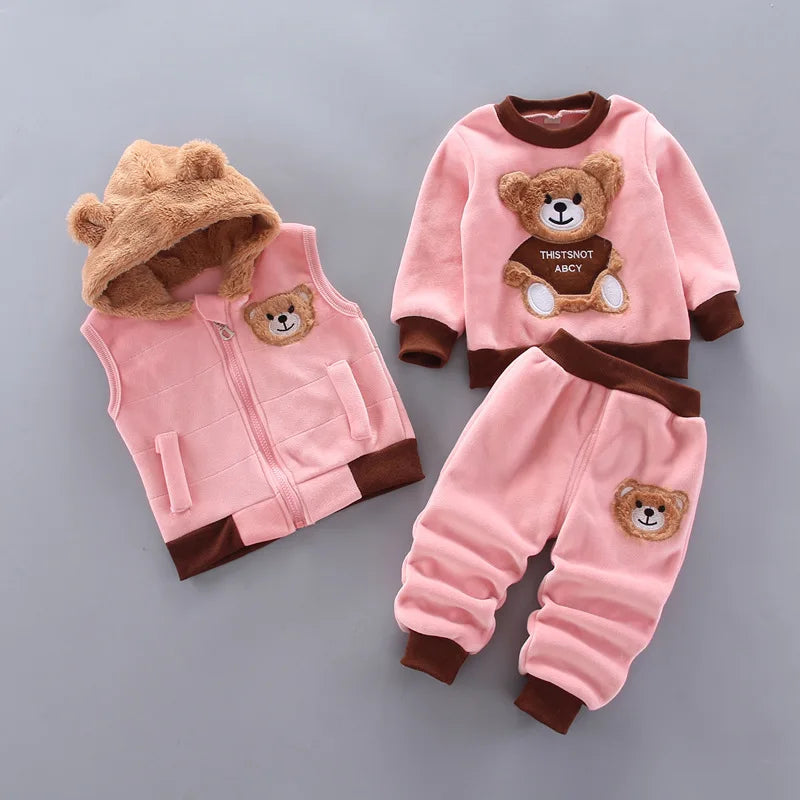 Baby Boys Sets Autumn Winter Thick Fleece Cartoon Bear Hooded Vest Coat Pants 3Pcs for Kids Casual Outfits Girls Warm Suit 0-5Y