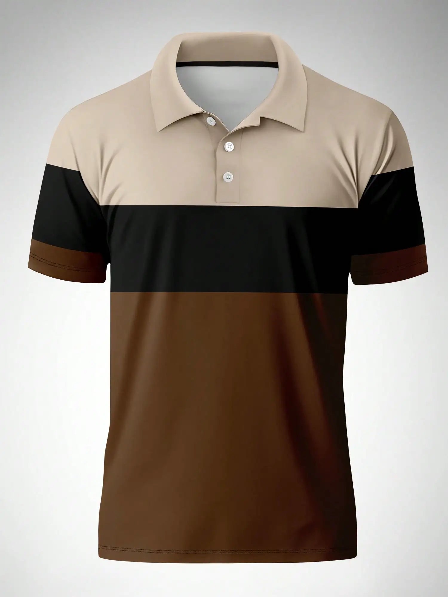 Men's Color-Block Short Sleeve Polo Shirt - Beige, Black & Brown, Casual Summer Wear