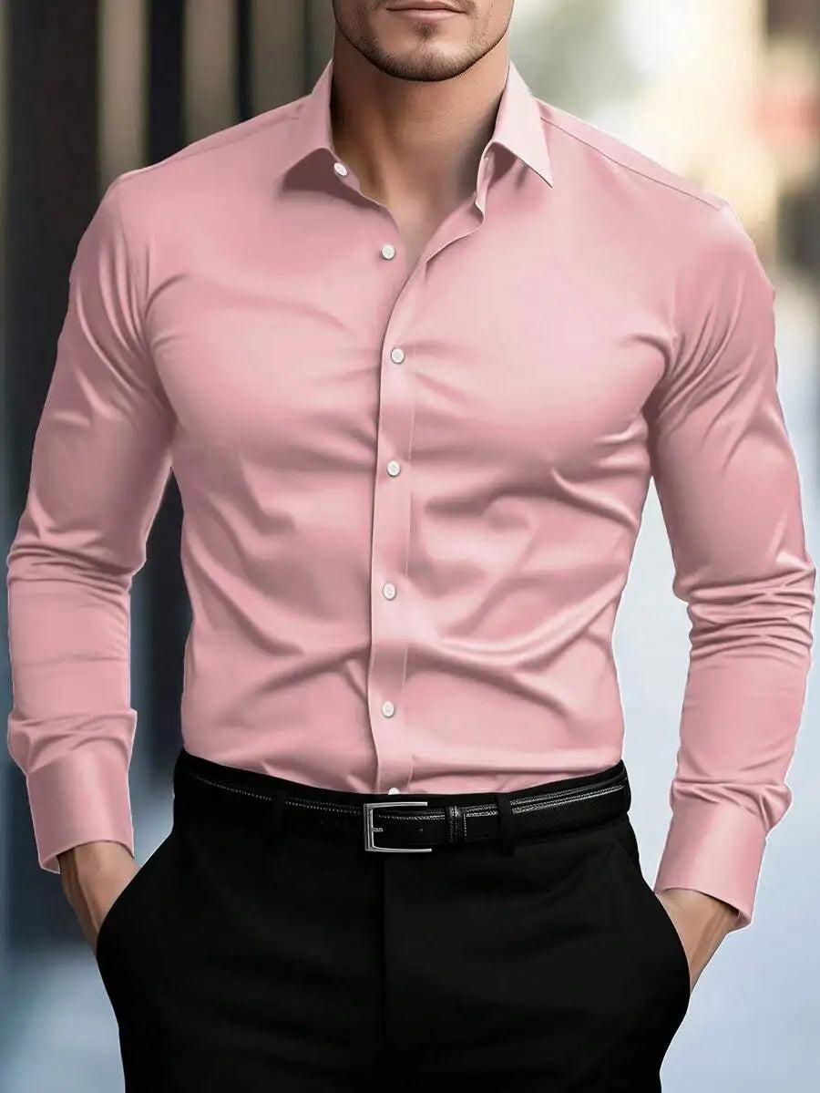 Men's Solid White Long Sleeve Single-Breasted Casual Commuter Shirt