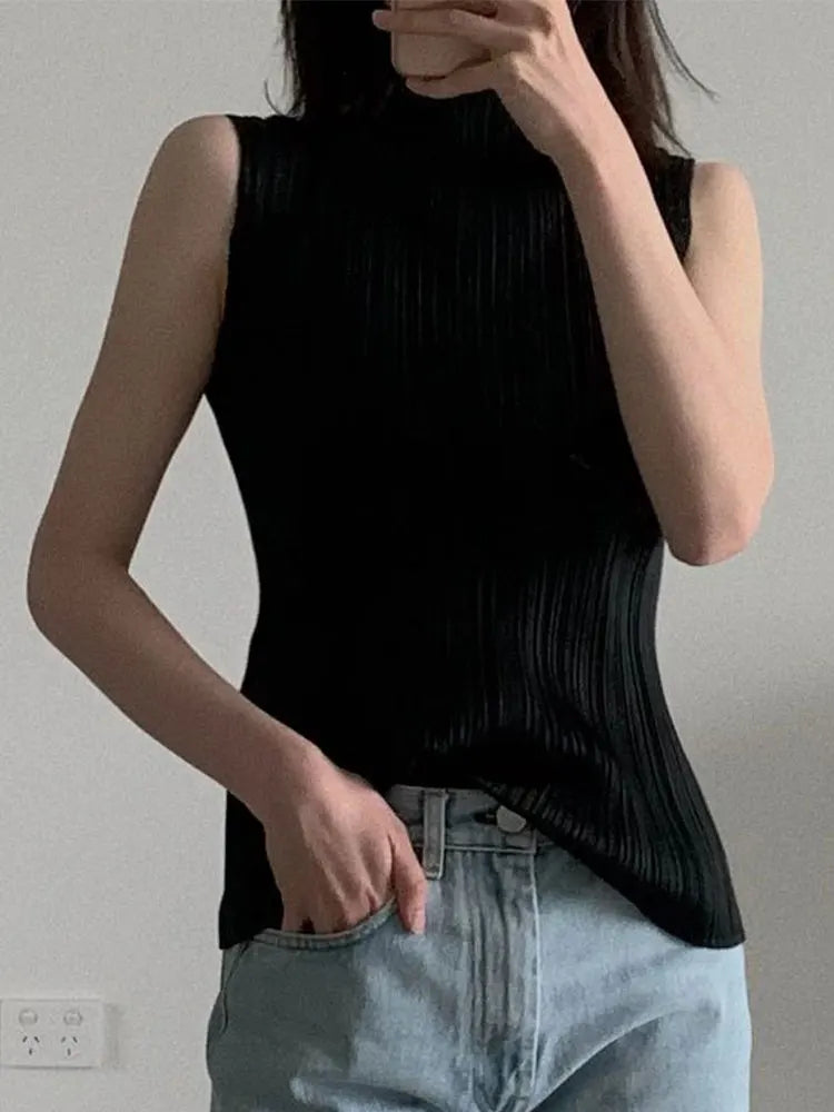 Miyake Pleated Elegant Fashion Temperament Solid Color Half High Neck Sleeveless Women's Vest 2025 Summer New Breathable Top
