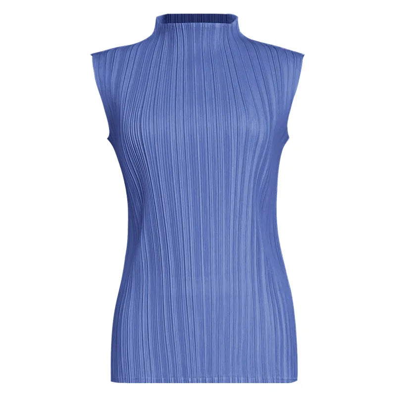 Miyake Pleated Elegant Fashion Temperament Solid Color Half High Neck Sleeveless Women's Vest 2025 Summer New Breathable Top
