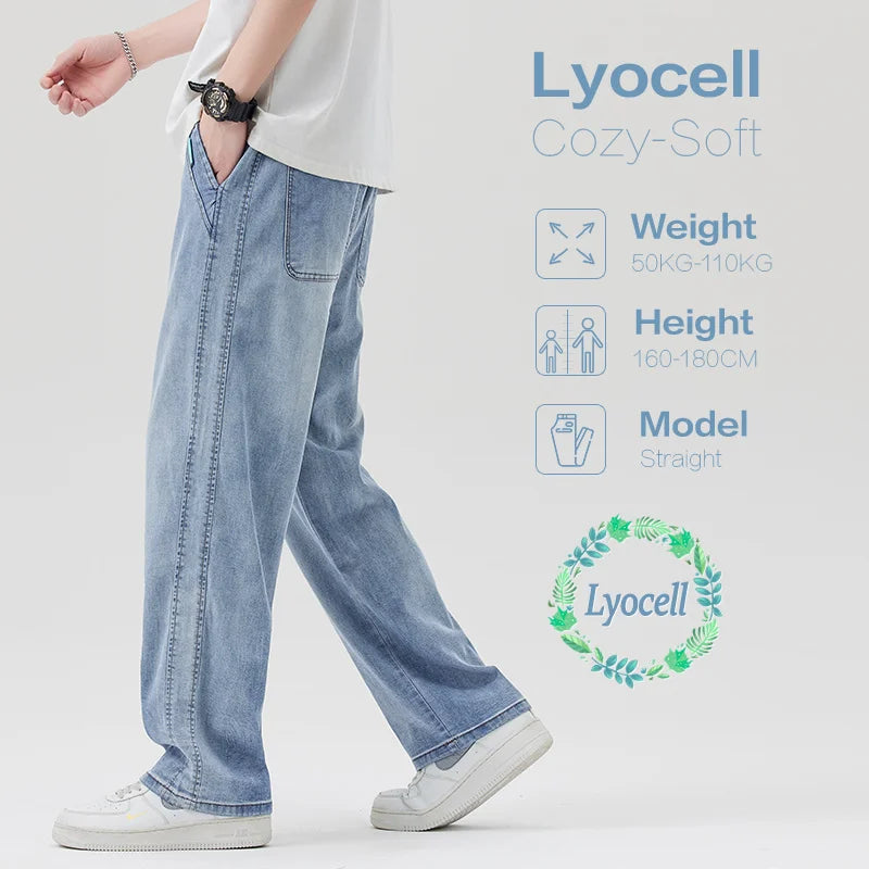 High Quality Spring Summer Lyocell Fabric Men's Jeans Loose Straight Denim Pants Design Blue Casual Trousers Plus Size M-5XL