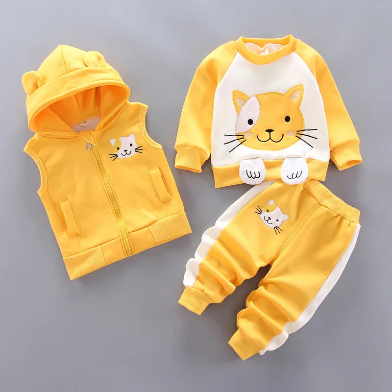 Baby Boys Sets Autumn Winter Thick Fleece Cartoon Bear Hooded Vest Coat Pants 3Pcs for Kids Casual Outfits Girls Warm Suit 0-5Y