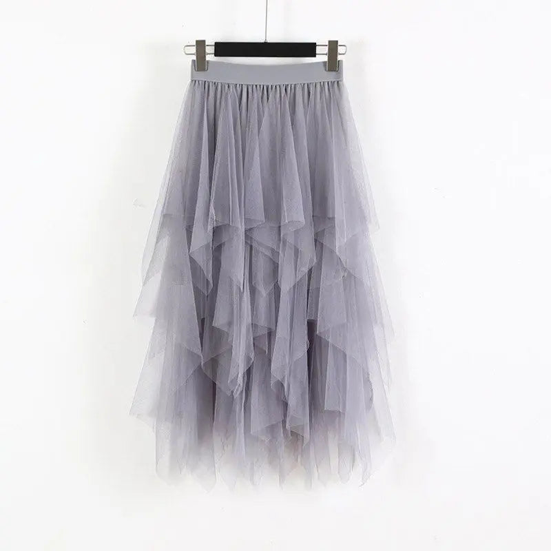 Irregular Mesh Splicing Half Skirt High Waist Mid Length Fairy Skirt, Sweet Versatile Over The Knee Long Skirt For Women