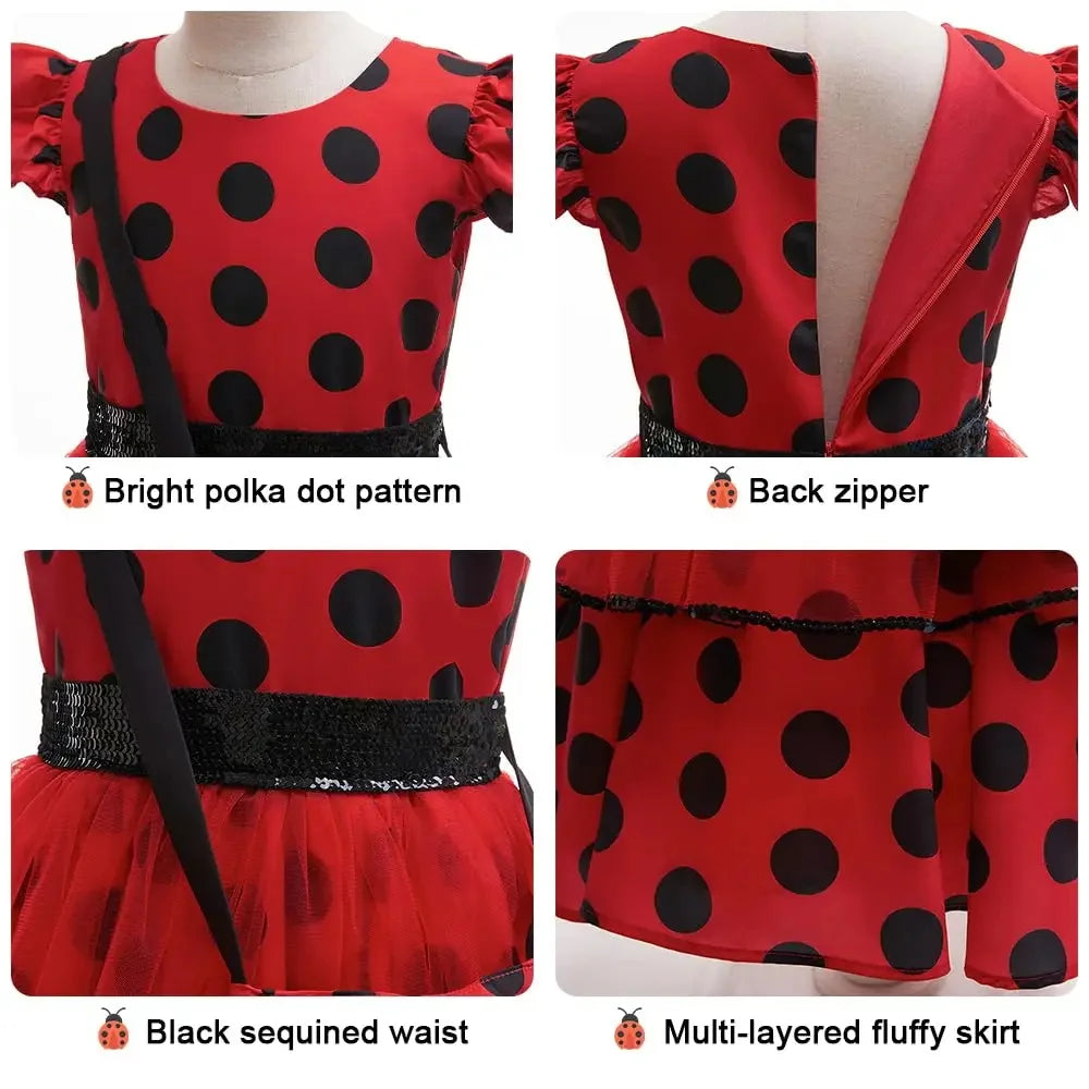 Fashion Polka Dot Red Dress Girls Cosplay Costumes with Bag Gloves Earrings for Carnival Kids Party Dresses Birthday Dress Gown