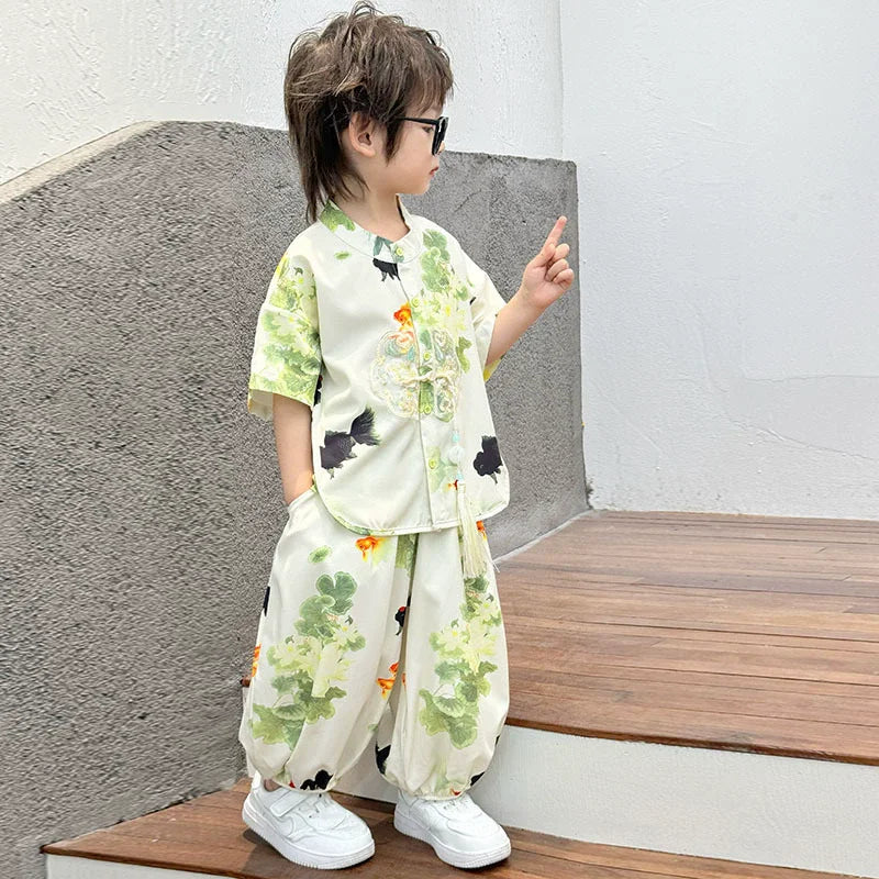 Summer Short Sleeve 2 Piece Set Boys Costume Kids Clothes Casual Boy Outfit Tang Style Hanfu Suit Baby Fashion Children's Sets