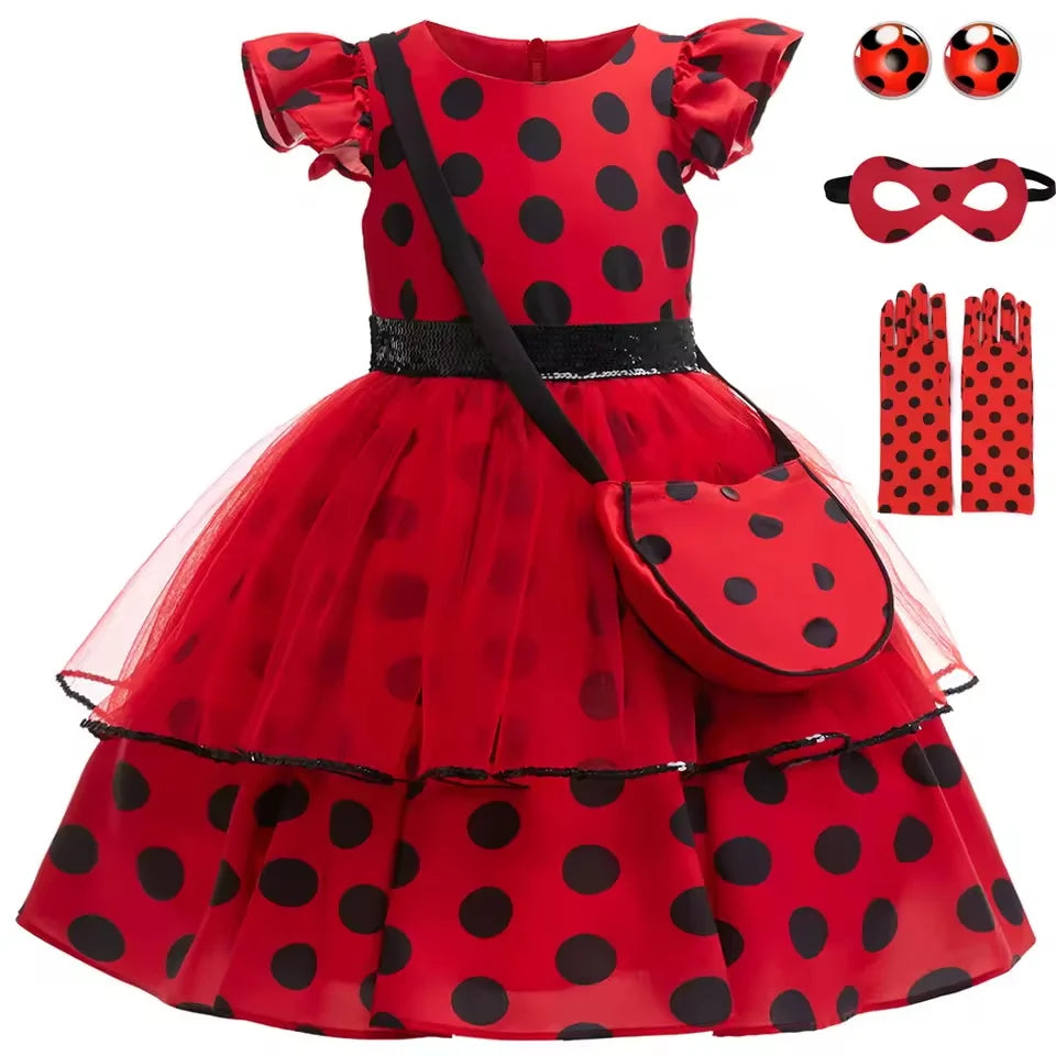 Fashion Polka Dot Red Dress Girls Cosplay Costumes with Bag Gloves Earrings for Carnival Kids Party Dresses Birthday Dress Gown