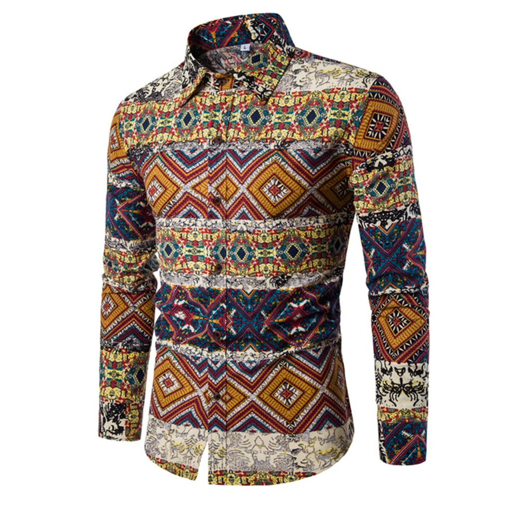 Plus Size Men Floral Print Casual Slim Fit Shirt Turn-down Collar Long Sleeve Shirt