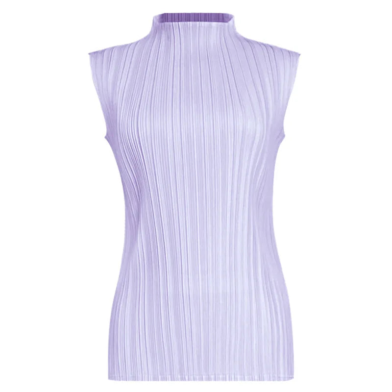 Miyake Pleated Elegant Fashion Temperament Solid Color Half High Neck Sleeveless Women's Vest 2025 Summer New Breathable Top