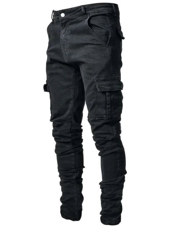 Men's multi-pocket work jeans, casual street-style straight-leg jeans, suitable for all seasons.