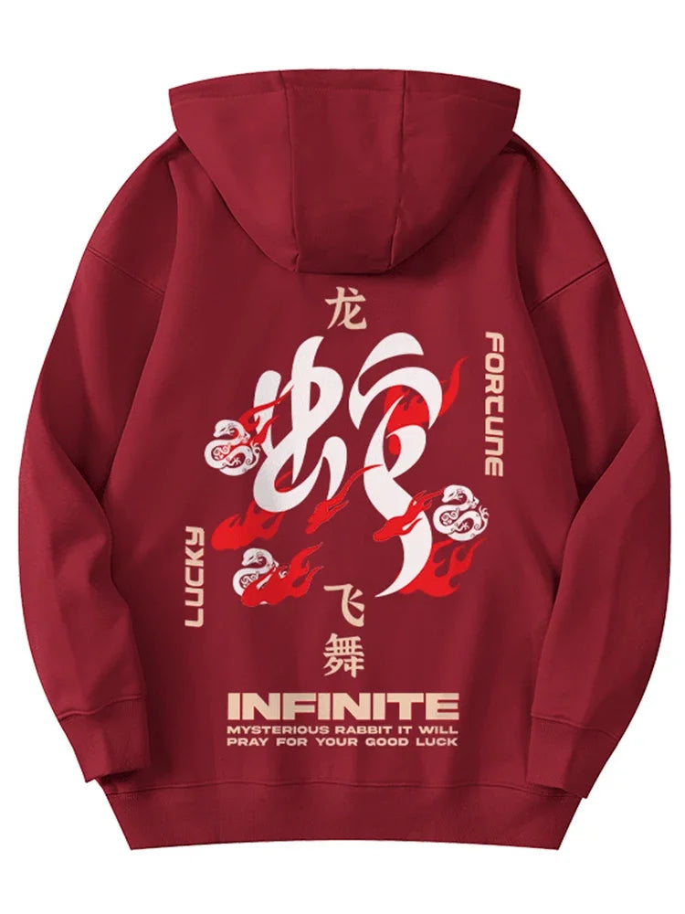Spring Snake Year Chinese Character Printed Hoody For Men Hip Hop Fashion Y2K Hoodies Streetwear Oversized Hooded Sweatshirts