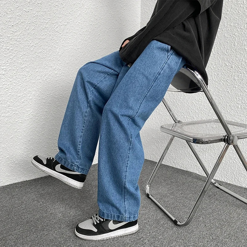 Oversized 5XL Men's Wide-leg Jeans Autumn New Casual Simple Straight Denim Trousers Black Gray Fashion Baggy Streetwear Pants