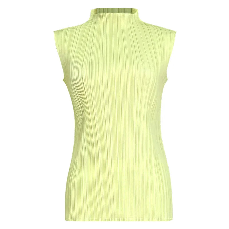 Miyake Pleated Elegant Fashion Temperament Solid Color Half High Neck Sleeveless Women's Vest 2025 Summer New Breathable Top