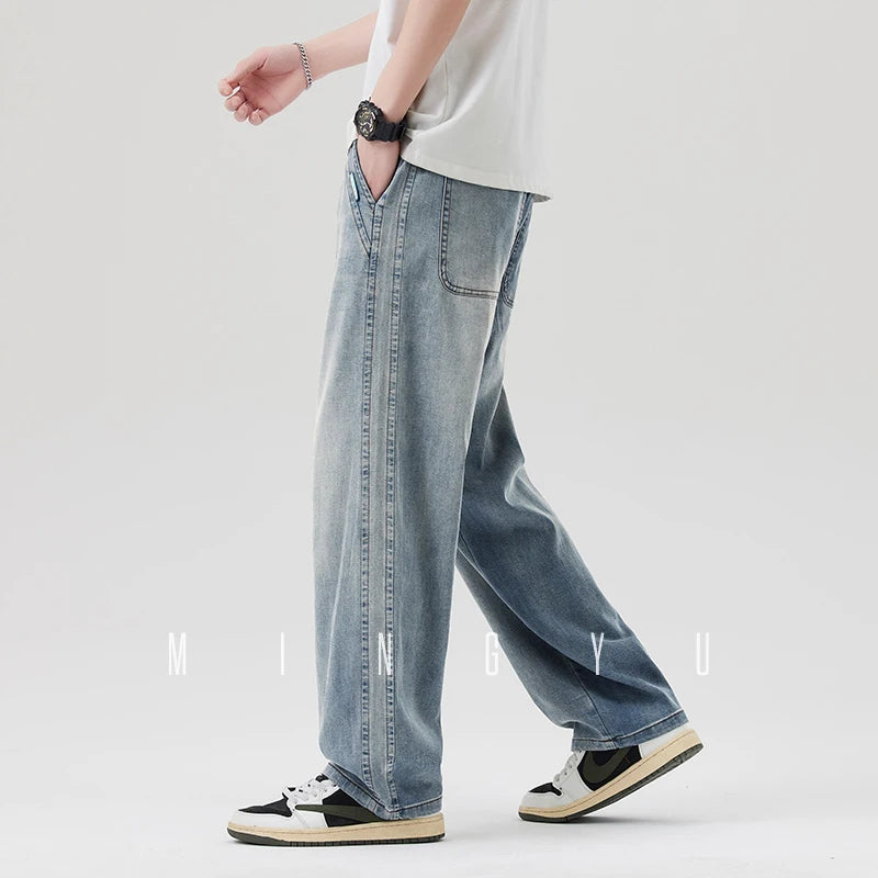 High Quality Spring Summer Lyocell Fabric Men's Jeans Loose Straight Denim Pants Design Blue Casual Trousers Plus Size M-5XL