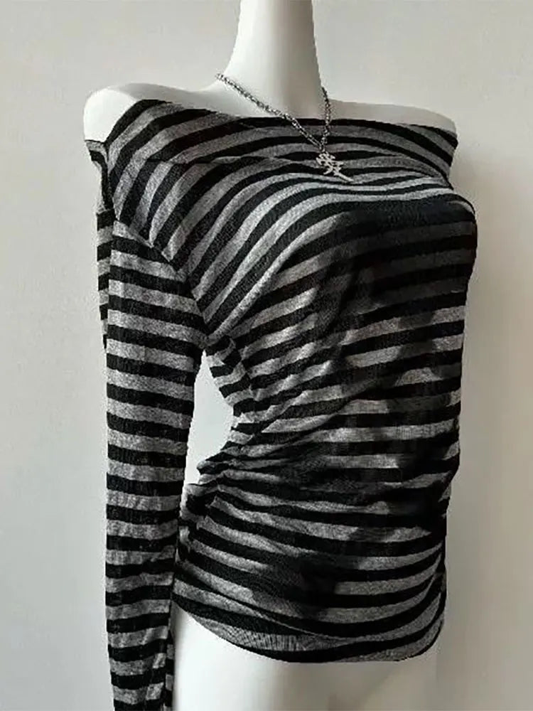 Gothic Vintage Skull Stripe T-shirt Women Off shoulder Top Designer Knitted Basic Long sleeve Tees 2000s Y2k Clothes Fashion New