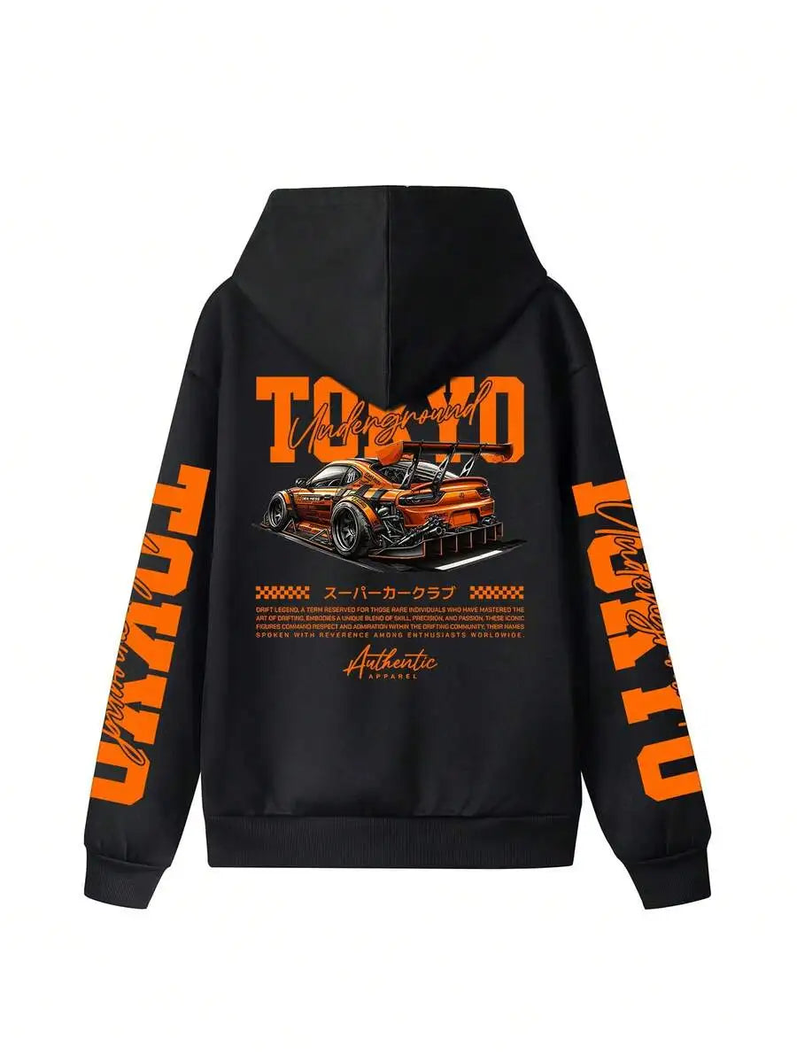 Women's Cropped Hoodie with Bold Letter & Race Car Graphic Print, Loose Fit, Winter Warm