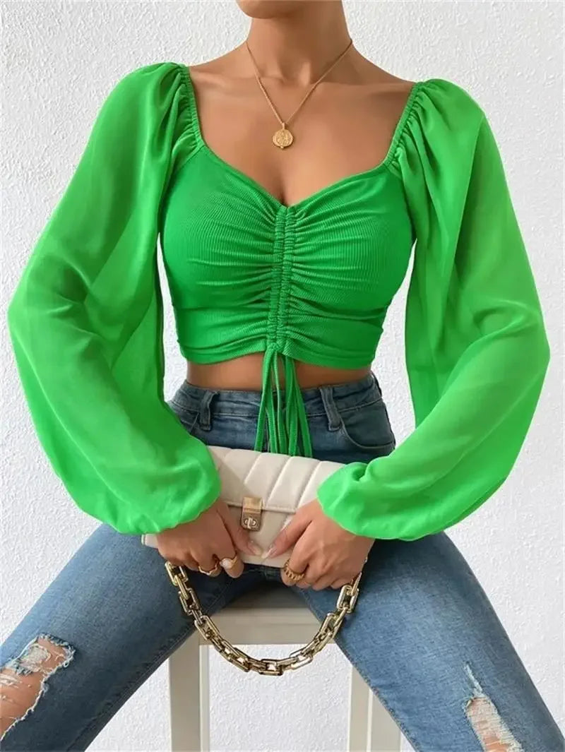 Sexy V-neck Women Blouses Drawstring Long Sleeve Crop Tops Ladies Fashion Summer Short Shirt Woman Clothes Blusas Camisas Mujer