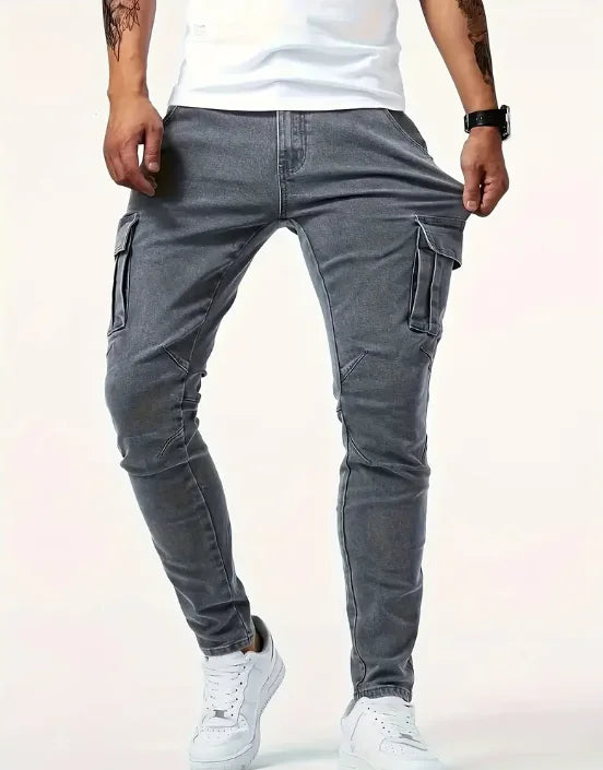 Men's multi-pocket work jeans, casual street-style straight-leg jeans, suitable for all seasons.