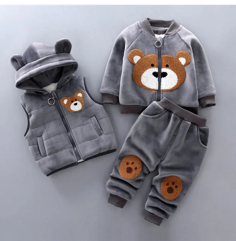 Baby Boys Sets Autumn Winter Thick Fleece Cartoon Bear Hooded Vest Coat Pants 3Pcs for Kids Casual Outfits Girls Warm Suit 0-5Y