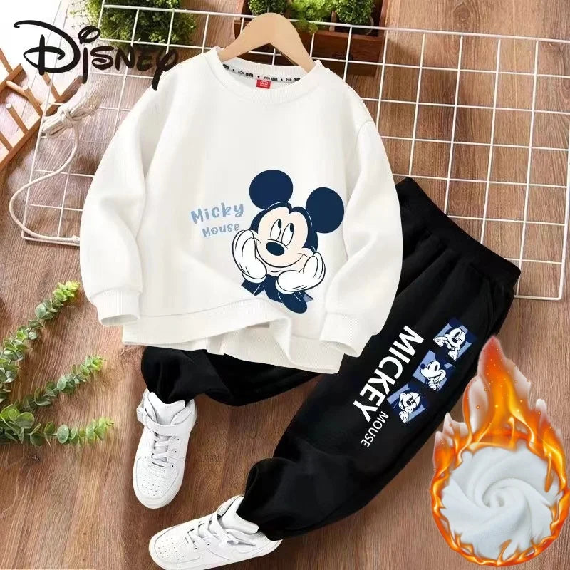 Winter Baby Girl Clothes Set Kid Boy Disney Mickey Sweatshirts Pullover & Pants 2pcs Suit Children Long Sleeve Plush Warm Suit