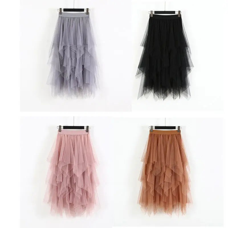Irregular Mesh Splicing Half Skirt High Waist Mid Length Fairy Skirt, Sweet Versatile Over The Knee Long Skirt For Women