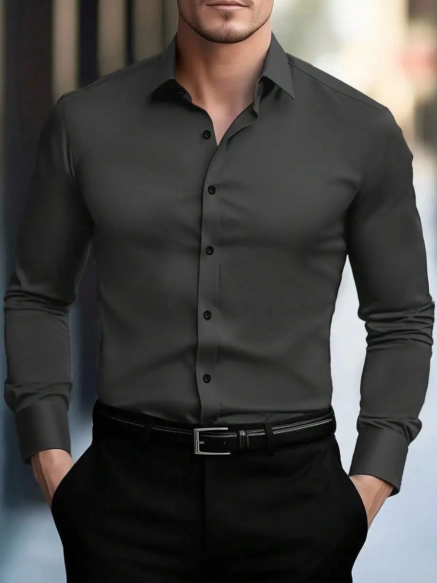 Men's Solid White Long Sleeve Single-Breasted Casual Commuter Shirt
