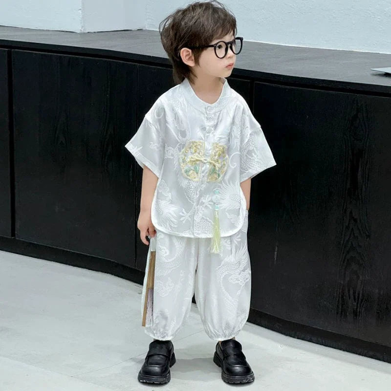 Summer Short Sleeve 2 Piece Set Boys Costume Kids Clothes Casual Boy Outfit Tang Style Hanfu Suit Baby Fashion Children's Sets