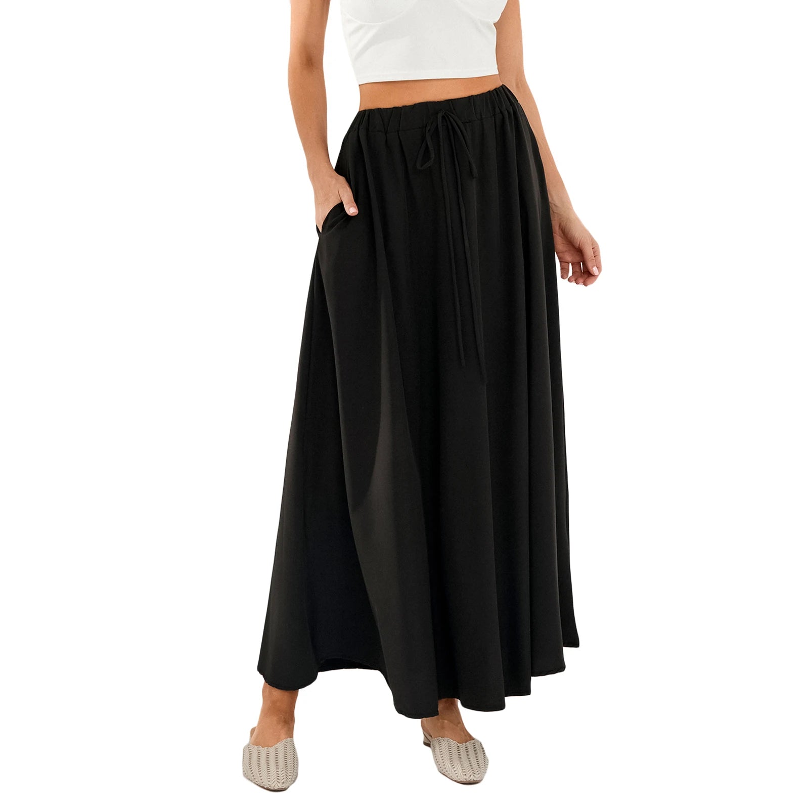 Women Long Skirt Elegant High Waisted Skirt Solid Flower Print Summer Swing Skirt