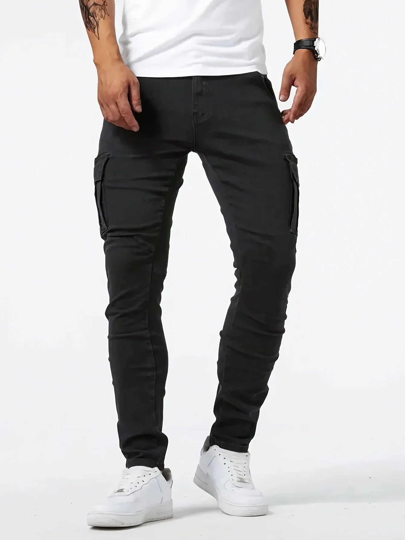 Men's multi-pocket work jeans, casual street-style straight-leg jeans, suitable for all seasons.